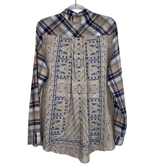 Johnny Was 3J Workshop Gauzy Plaid Button Up Shirt Embroidered Back Size Small - Picture 1 of 8